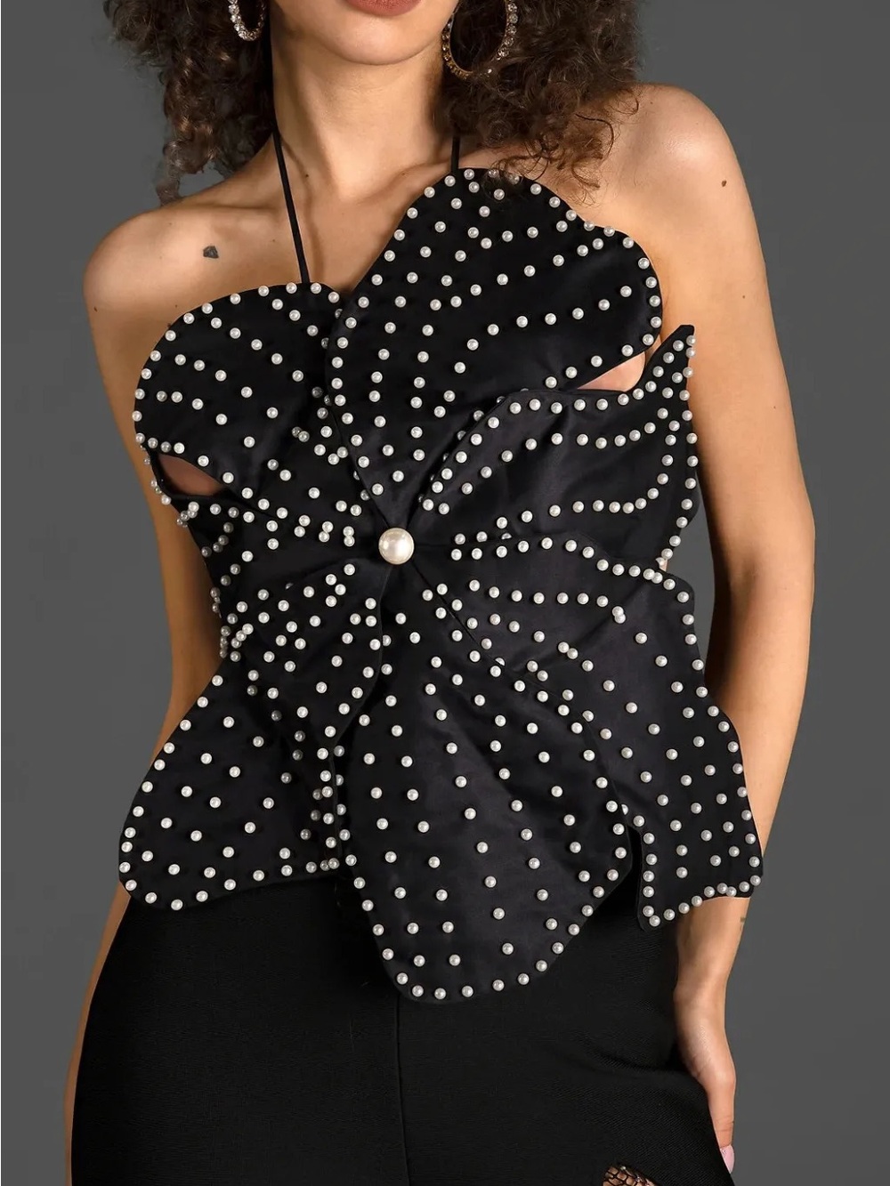 Miss Rosier 3D Flower Pearl Embellished Halter Cami Top in Black